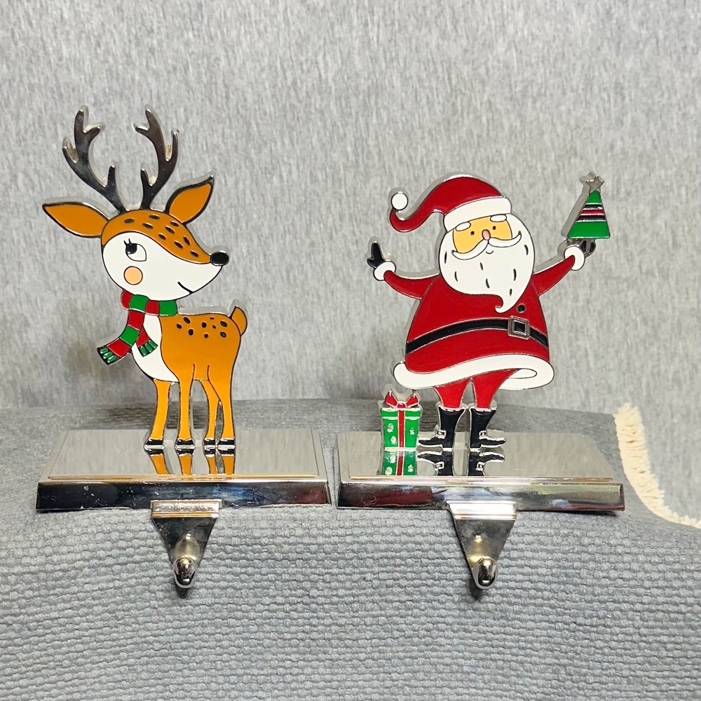 Christmas Stocking Holders Set of 2 Santa and Reindeer Enamel Chrome Mantle Hook